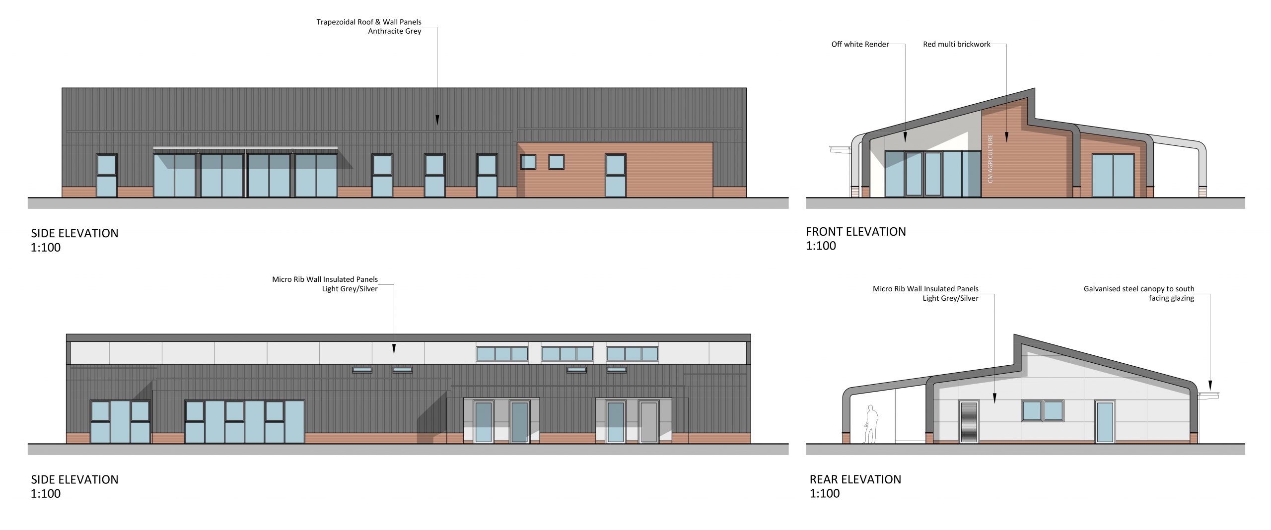 Elevations of contemporary office building by designed by Norfolk architects Paul Robinson Partnership.