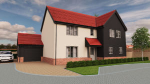 New build home with modern design, red-tiled roof, and contrasting black cladding, part of a development by Norfolk architects Paul Robinson Partnership, showcasing contemporary residential architecture.