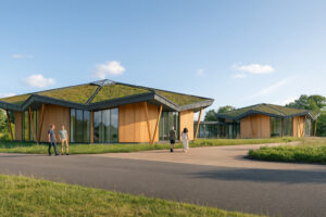 CGI image of octagonal buildings with green roofs and timber cladding