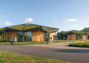 CGI image of octagonal buildings with green roofs and timber cladding