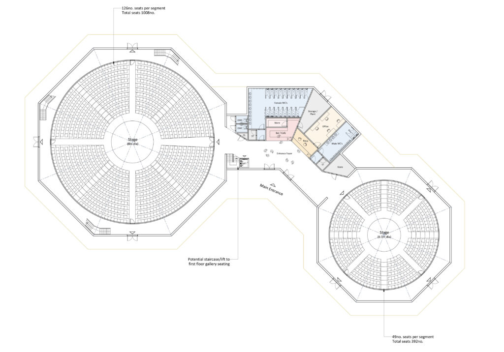 floor plan drawing showing octagonal shaped buildings