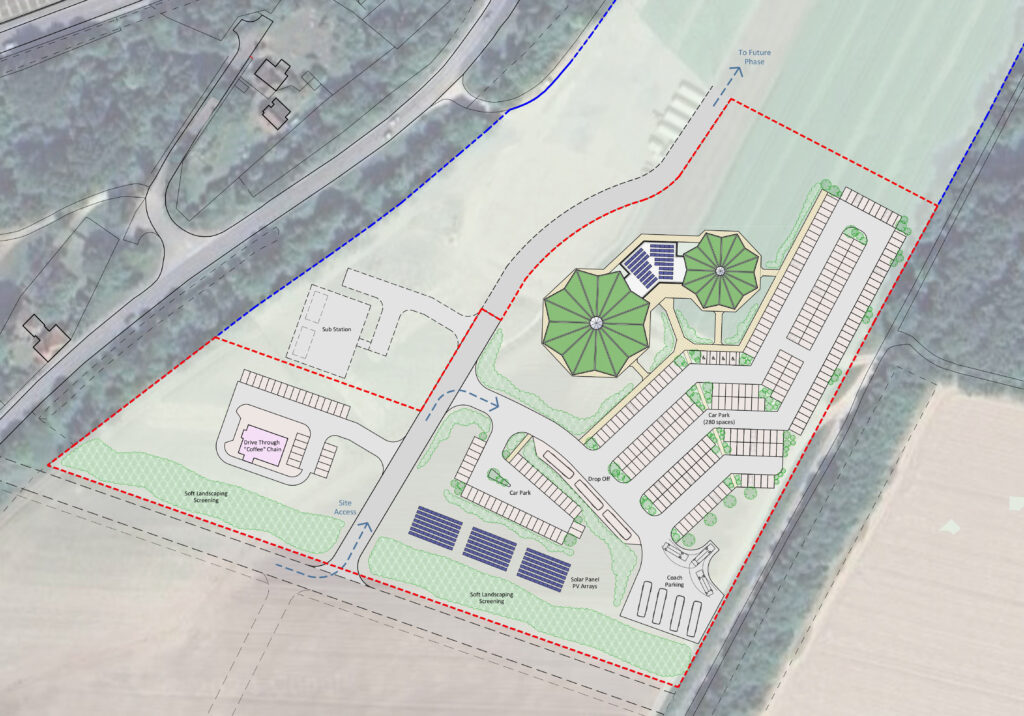 site plan drawing showing green roofs, PV panels and octagonal shaped buildings