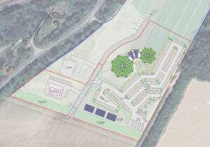 site plan drawing showing green roofs, PV panels and octagonal shaped buildings